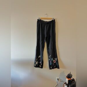 Johnny Was JWLA Martine Embroidered High Slit Palazzo Pant Boho Black S Linen